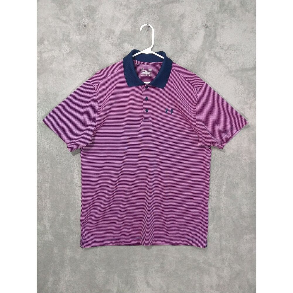 Under Armour Shirt Mens Large Purple Striped Polo Loose Short Sleeve Performance